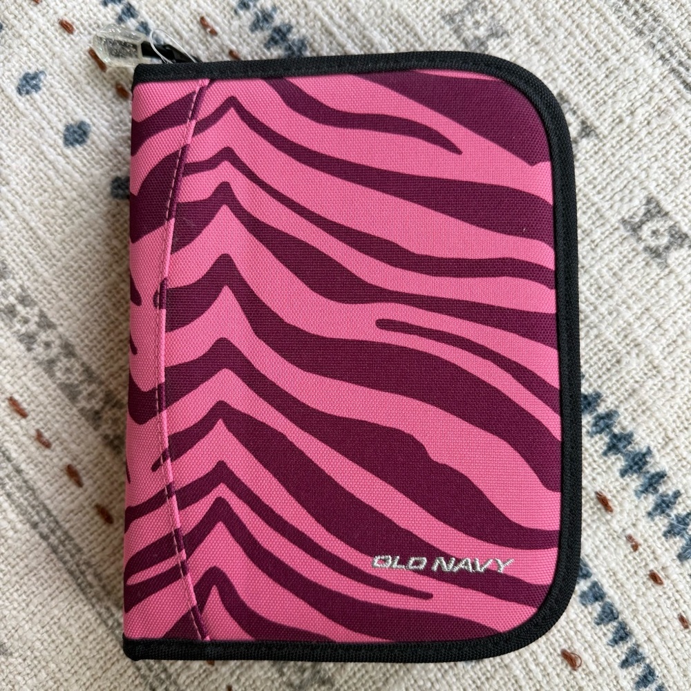 Old Navy Organizer Pink Zebra Print Pencil Case or Bag 8" x 6" Zip Close Canvas